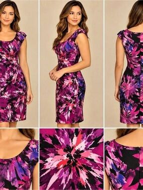 Connected Apparel Floral Midi Dress in Pink & Black Size 10 Like New